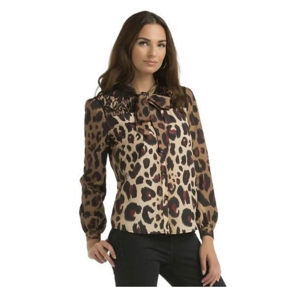Kardashian Kollection NWT Women's Leopard Print Lace Bow Front Blouse Size Small